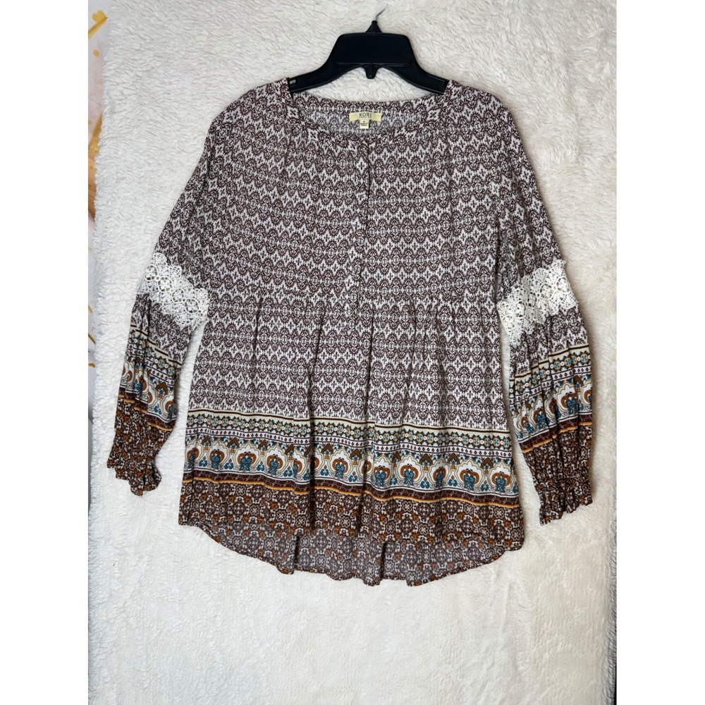 Kori America Blouse Womens S Boho Lace Crochet Damask Print Excellent - Picture 2 of 11